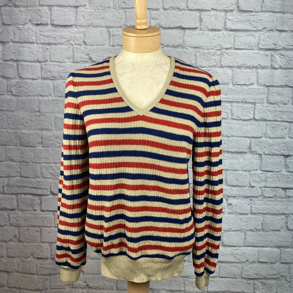 70s VTG V Neck Blue & Red Striped Sweater Size M